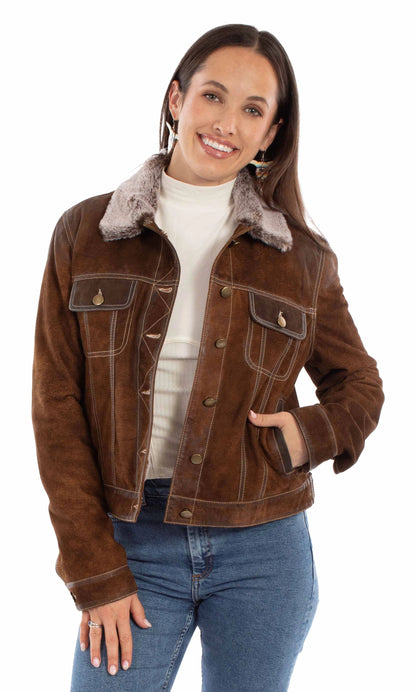 Woman wearing a brown jacket with fur collar on a white background