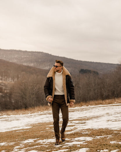 Men’s Brown B3 Flying Aviator Shearling Leather Long Jacket Coat