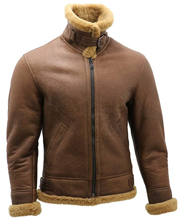 Brown leather jacket with fur trim on a white background