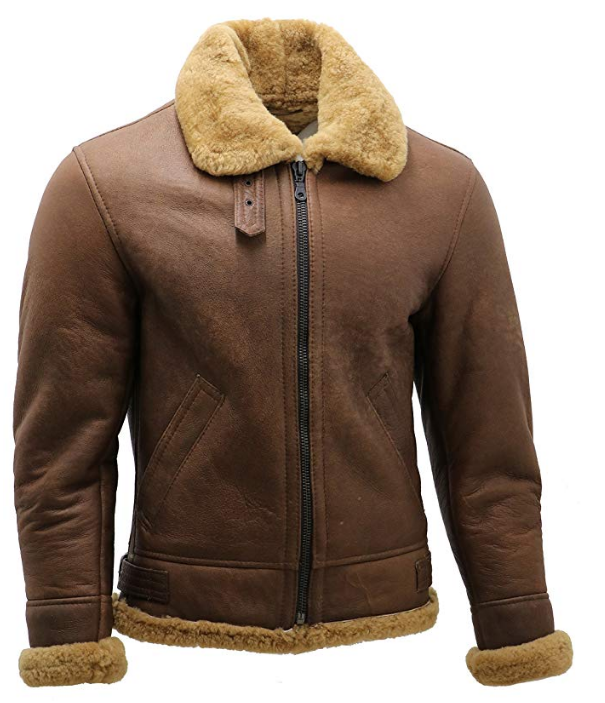 Brown leather jacket with fur collar and cuffs on a white background