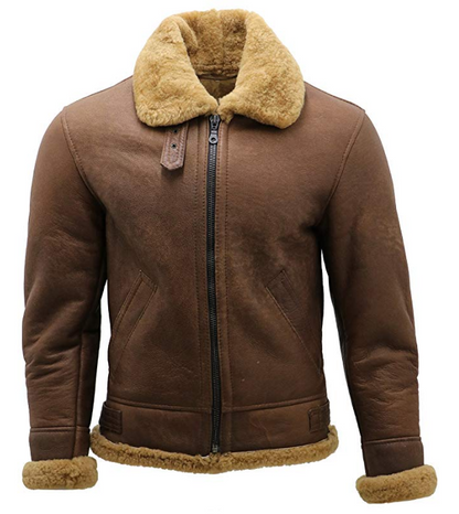 Brown leather jacket with fur collar and cuffs on a white background