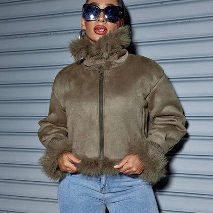 Suede Short Coat Women Fall Winter Jacket Motorcycle Clothing Women