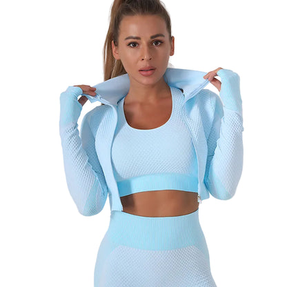 Seamless Yoga Clothes Women Summer Exercise Workout Outfit Tight Quick Drying Waist Tight Yoga Clothes Three Piece Set