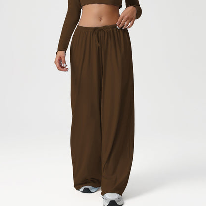 Autumn Winter Wide Leg Women Sports Pants Loose Low Waist Fitness Pants Drawstring Elastic Casual Yoga Pant Belt Pocket