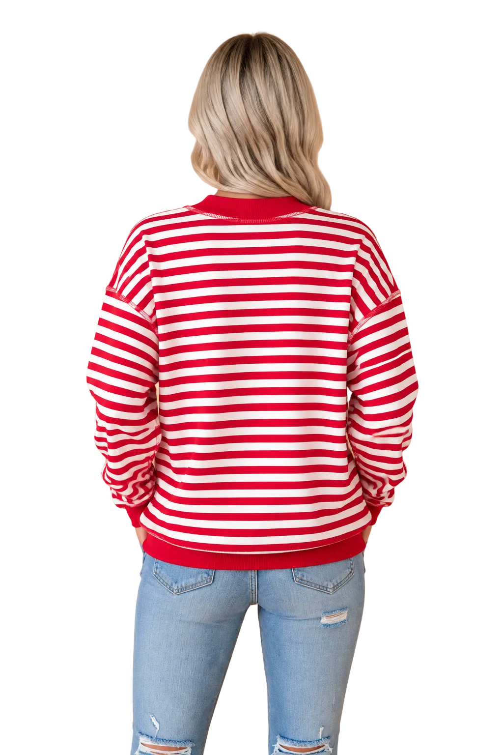 A woman viewed from behind wearing a red and white horizontally striped crewneck sweatshirt and light blue jeans, standing against a solid tan background.
