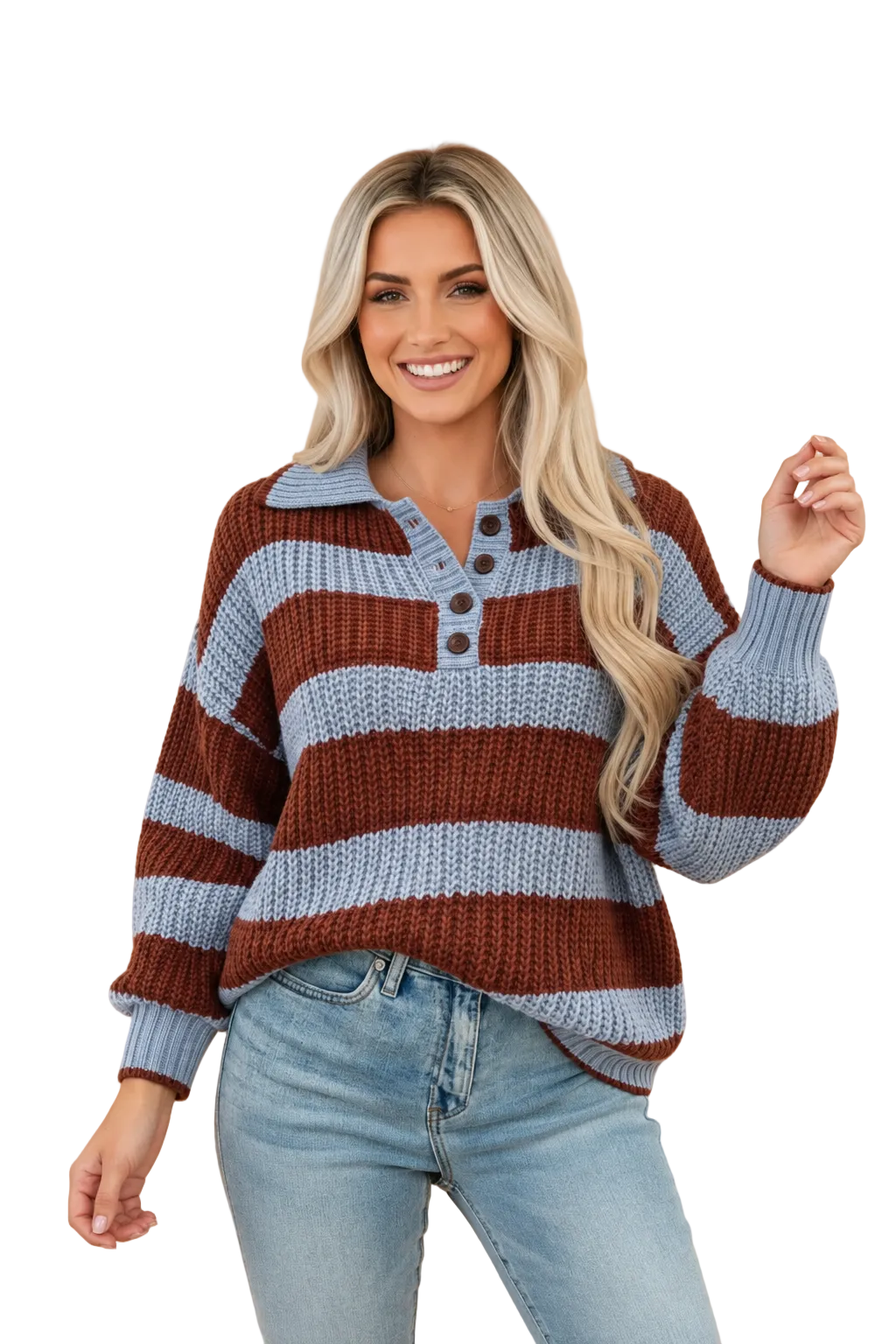 A woman modeling a brown and light blue-gray striped knit sweater with a buttoned henley collar, paired with light-wash jeans, against a solid peach background.