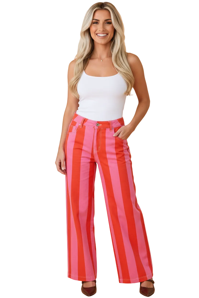 Stripe Denim High Waist Straight Leg Jeans