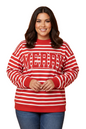 A woman modeling a red and white horizontally striped crewneck sweatshirt with 'MERRY' printed across the chest in large red block letters, paired with blue jeans against a solid tan studio background.