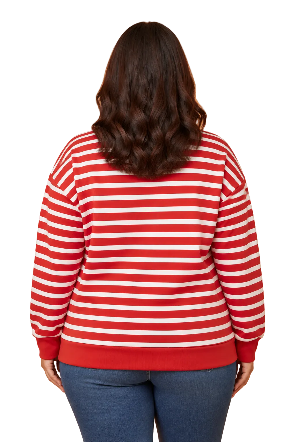 A woman modeling a red and white horizontally striped crewneck sweatshirt with 'MERRY' printed across the chest in large red block letters, paired with blue jeans against a solid tan studio background.