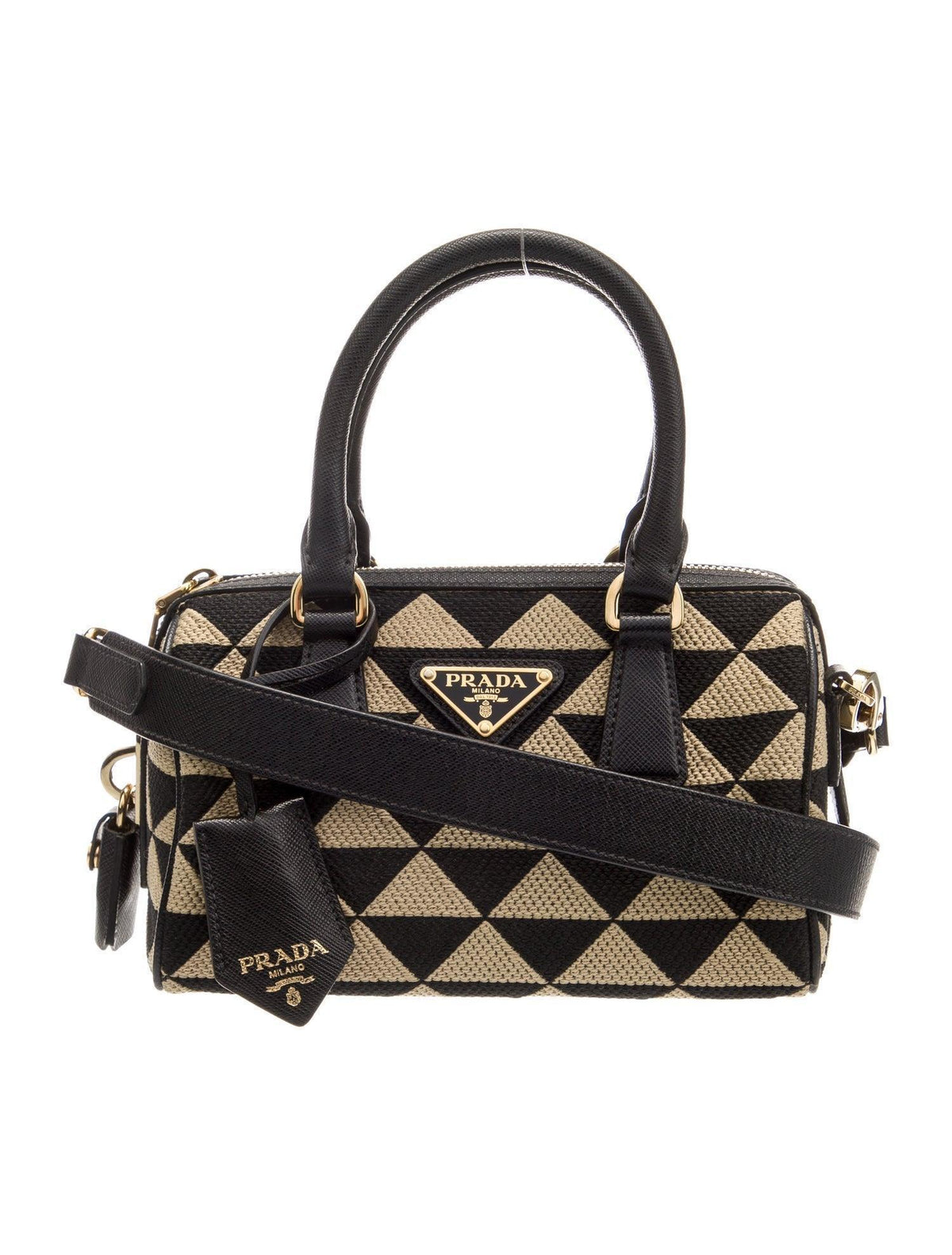 Prada handbag with black and beige geometric pattern on a white background