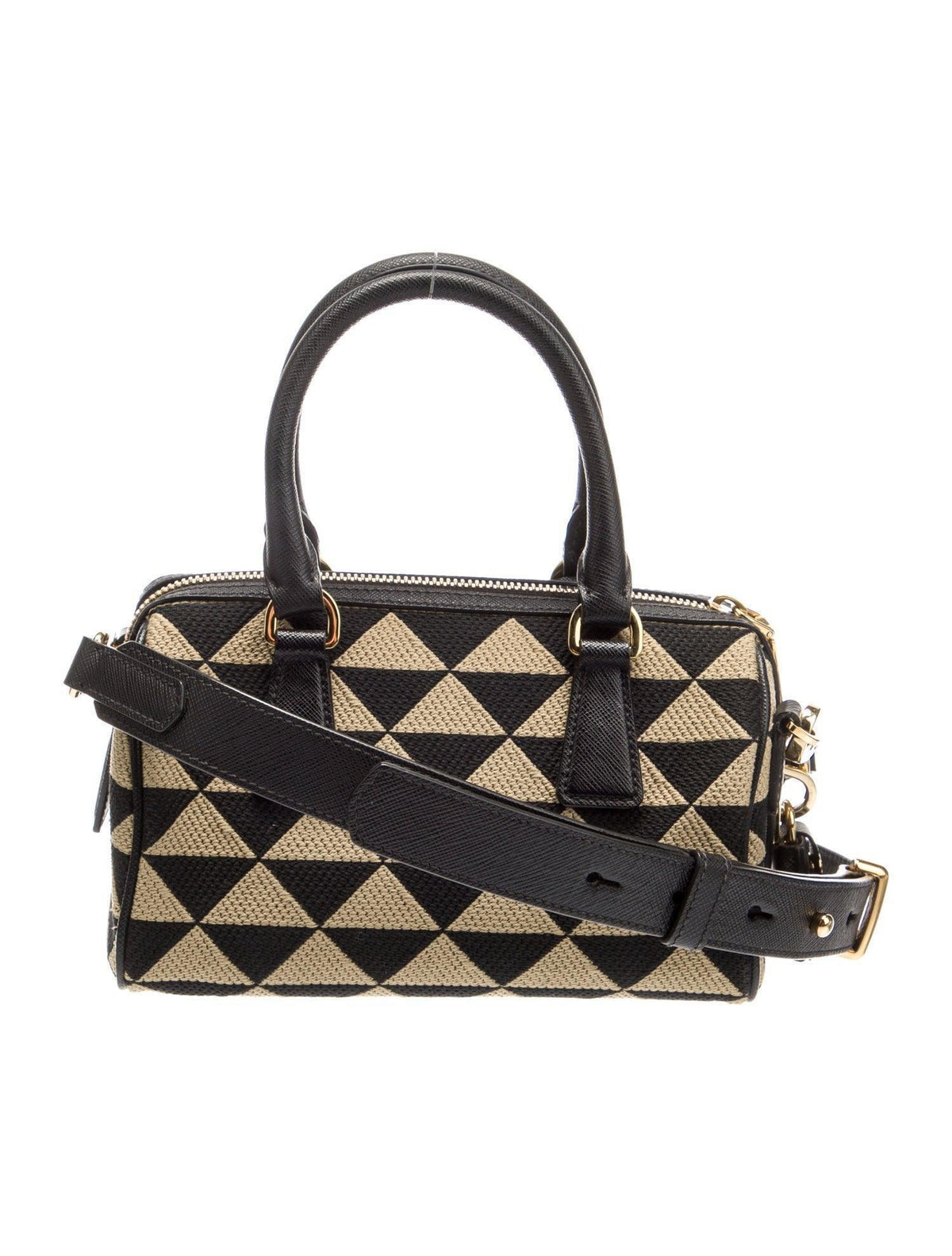 Handbag with black and beige geometric pattern on a white background