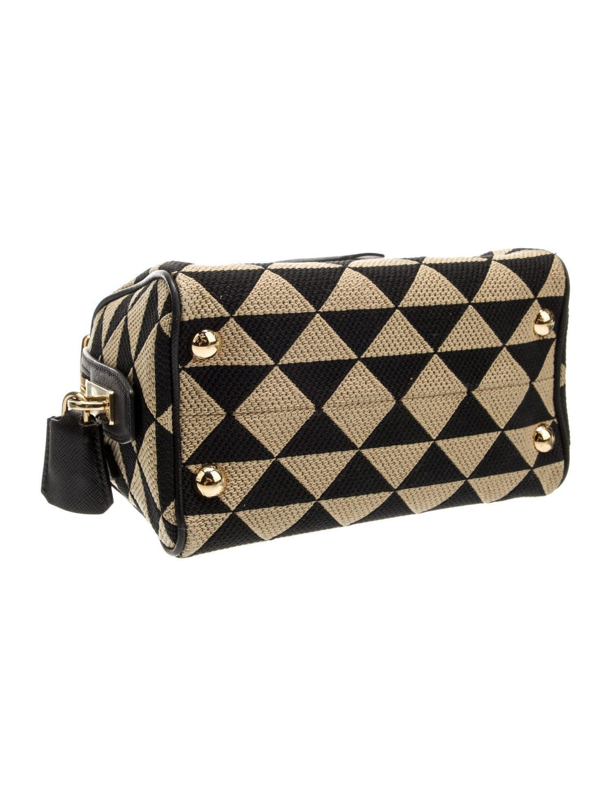 Black and beige patterned wallet with gold accents on a white background