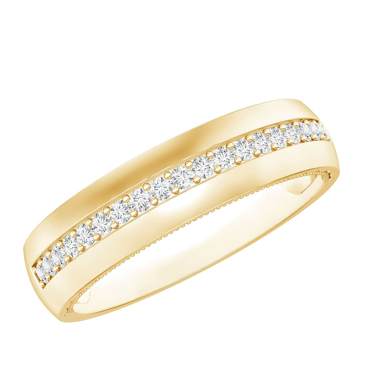 Gold ring with diamond accents on a white background