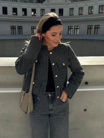 Foridol Tweed Knitted Dark Grey Blazer Coat Women Autumn Winter Gingham Short Coat Office Lady Vintage Buttons Veste