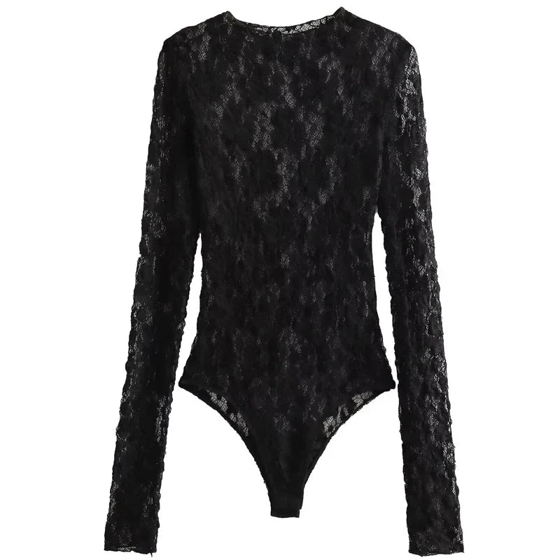 HXAO Women's Bodysuit Lace Bodysuit Autumn Black Cutwork O-Neck Long Sleeves High Spandex Bodysuits Sexy Lingerie For Fine Women
