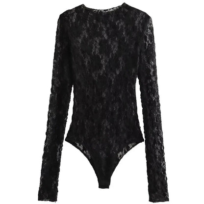 HXAO Women's Bodysuit Lace Bodysuit Autumn Black Cutwork O-Neck Long Sleeves High Spandex Bodysuits Sexy Lingerie For Fine Women
