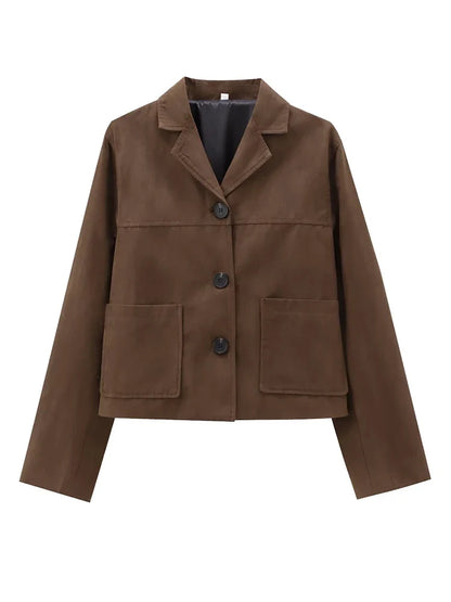 Foridol Buttons Brown Suede Jacket Autumn for Women Pockets Casual Turn Down Collar Short Jacket Femme Veste Chic New Coat