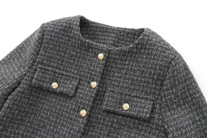 Foridol Tweed Knitted Dark Grey Blazer Coat Women Autumn Winter Gingham Short Coat Office Lady Vintage Buttons Veste