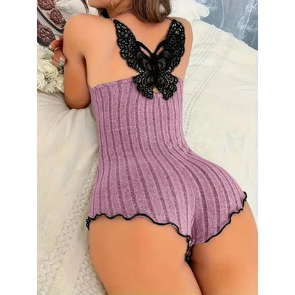 Women's Ribbed Lace Trim Cami Romper - Spaghetti Strap Backless Sleepwear, Soft Knit Lingerie Bodysuit for Sweet & Cozy Nights