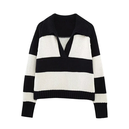 Women Fashion Black Striped Knit Sweater Spring Vintage Polo Neck Long Sleeve Female Pullovers Chic Tops