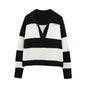 Women Fashion Black Striped Knit Sweater Spring Vintage Polo Neck Long Sleeve Female Pullovers Chic Tops