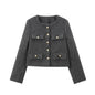 Foridol Tweed Knitted Dark Grey Blazer Coat Women Autumn Winter Gingham Short Coat Office Lady Vintage Buttons Veste