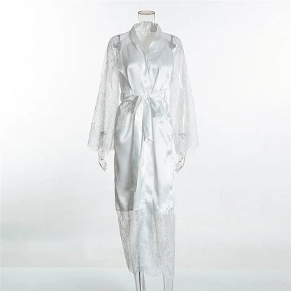 Sleepwear Women's Bathrobe Sexy Lingerie Lace Satin Kimono Sleep Long Dress Robes Pajamas Nightgown