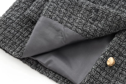 Foridol Tweed Knitted Dark Grey Blazer Coat Women Autumn Winter Gingham Short Coat Office Lady Vintage Buttons Veste