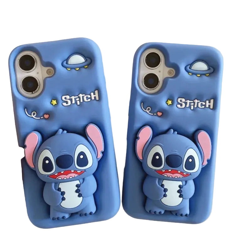Two blue phone cases featuring a 3D Stitch character design, shown on a light beige surface with one case being held by a hand.