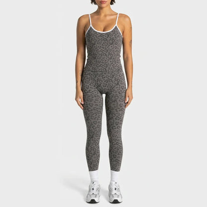 2Pcs Women Leopard Print Yoga Outfit Adjustable Strap Camisole Top High Waist Stretch Leggings Sports Pilates Workout Suit