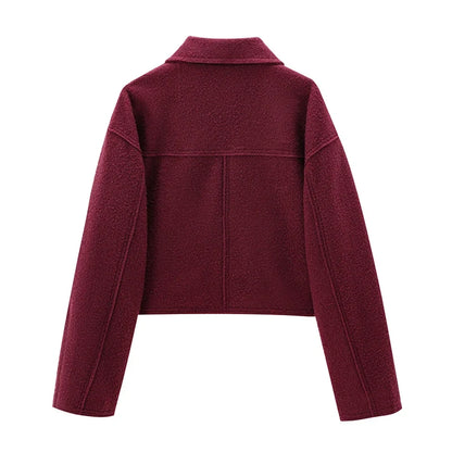 Foridol Autumn Winter Thick Burgundy Coat Jacket Women Zip Closure Turn Down Collar Short Jacket Veste Casual Angola Red Coat