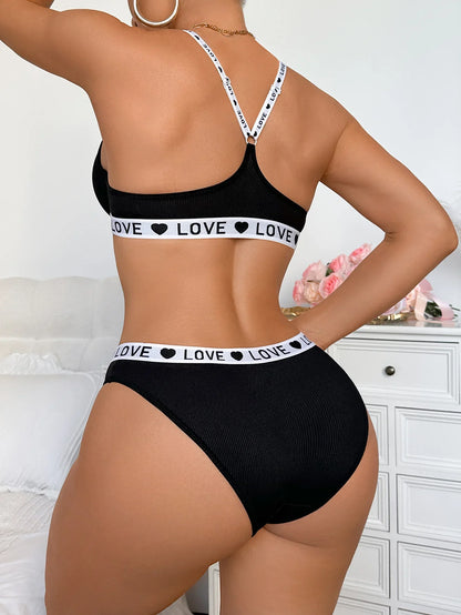 New Ribbed Women's Underwear Set Letter Strap Underwear Front-Clasp Push-Up Bra Comfy Daily Female Bra Set