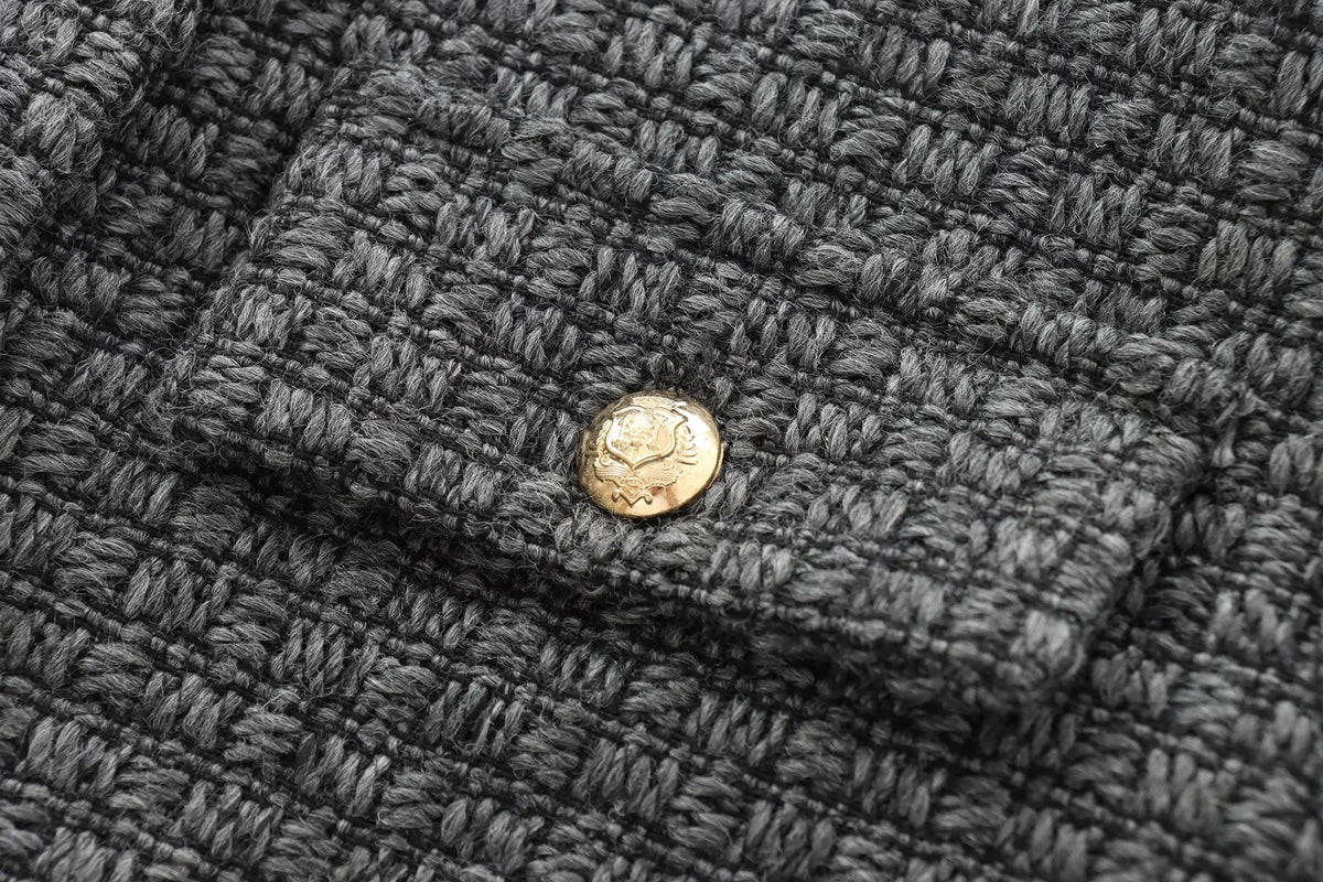 Foridol Tweed Knitted Dark Grey Blazer Coat Women Autumn Winter Gingham Short Coat Office Lady Vintage Buttons Veste