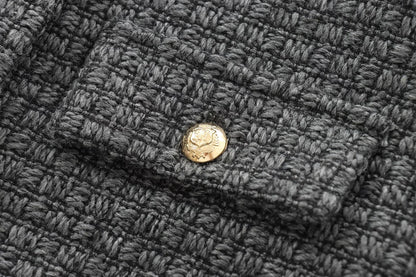 Foridol Tweed Knitted Dark Grey Blazer Coat Women Autumn Winter Gingham Short Coat Office Lady Vintage Buttons Veste