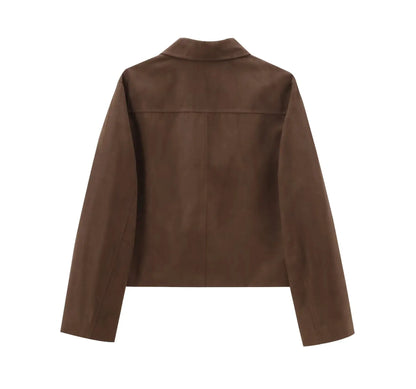 Foridol Buttons Brown Suede Jacket Autumn for Women Pockets Casual Turn Down Collar Short Jacket Femme Veste Chic New Coat