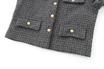 Foridol Tweed Knitted Dark Grey Blazer Coat Women Autumn Winter Gingham Short Coat Office Lady Vintage Buttons Veste