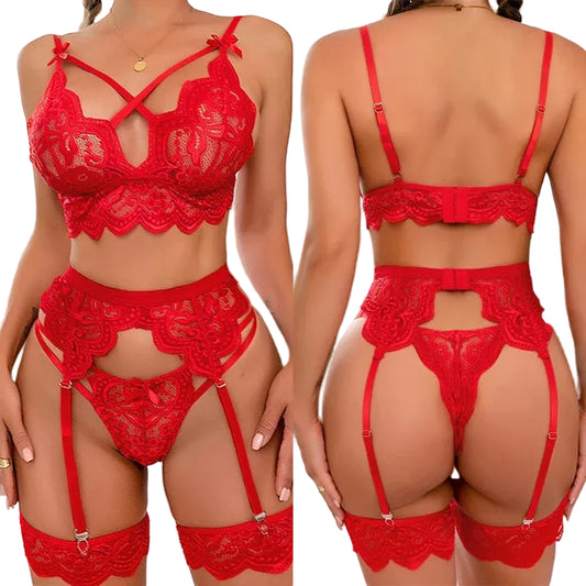 Red lace lingerie set shown from front and back on a neutral background