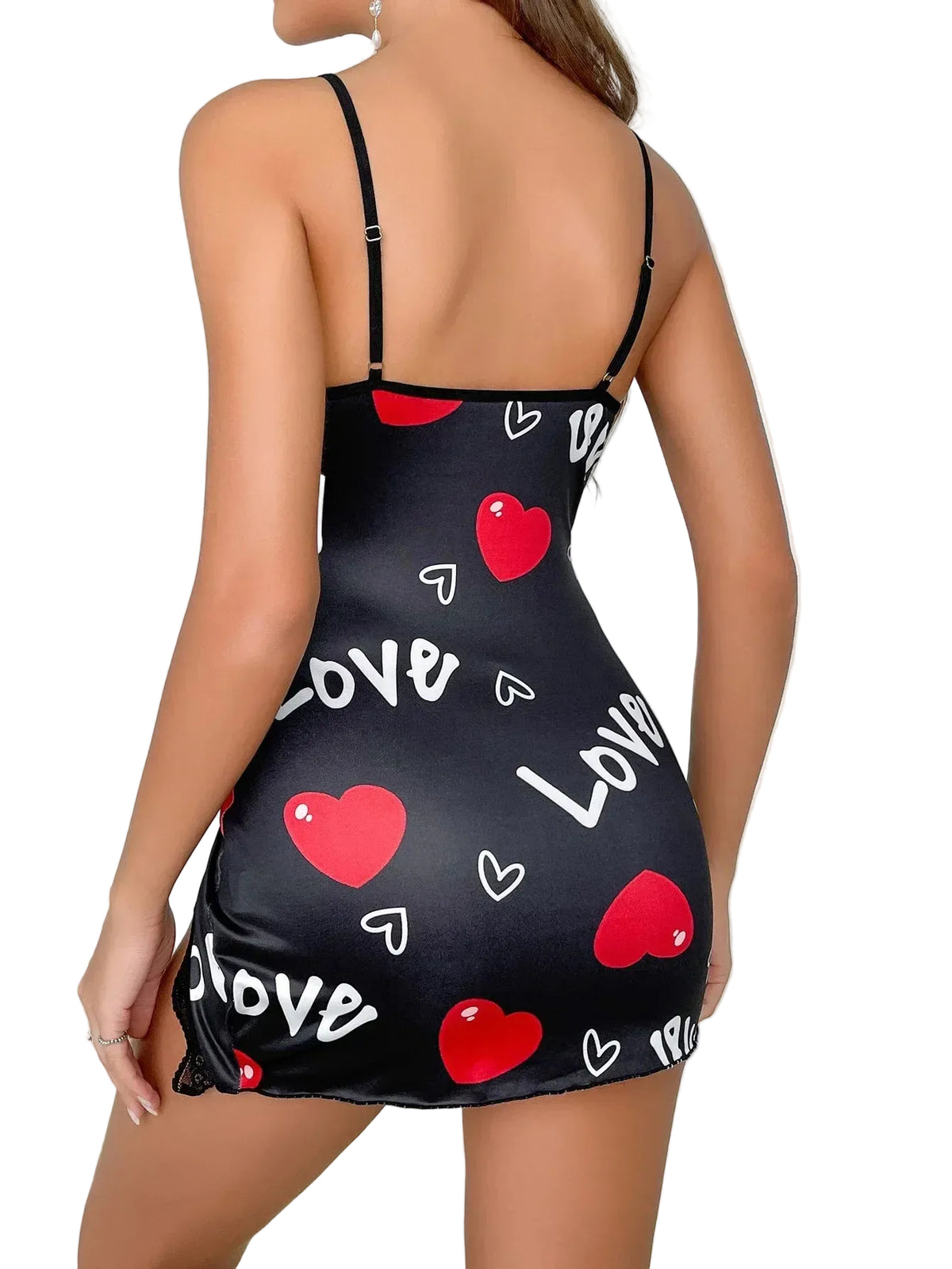 Black nightgown with red hearts and 'LOVE' text on a white background