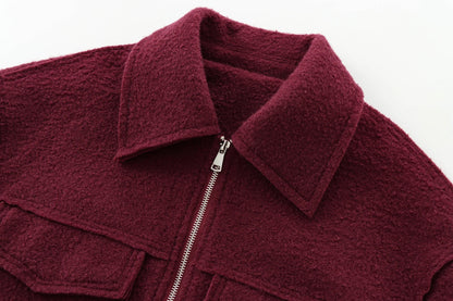 Foridol Autumn Winter Thick Burgundy Coat Jacket Women Zip Closure Turn Down Collar Short Jacket Veste Casual Angola Red Coat