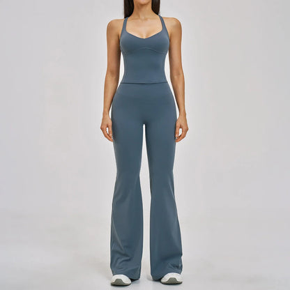 Summer Yoga Set Women Back Cross Shock-absorbing Slim Sports Tank Top Exercise Sets Outwear Running Flare Leggings Fitness Suits