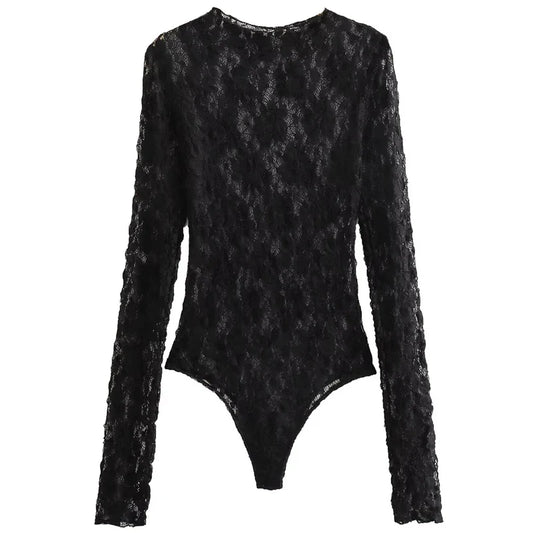 HXAO Women's Bodysuit Lace Bodysuit Autumn Black Cutwork O-Neck Long Sleeves High Spandex Bodysuits Sexy Lingerie For Fine Women