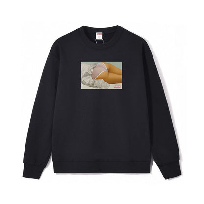 Black sweatshirt with a graphic of legs and a logo on a white background