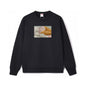 Black sweatshirt with a graphic of legs and a logo on a white background