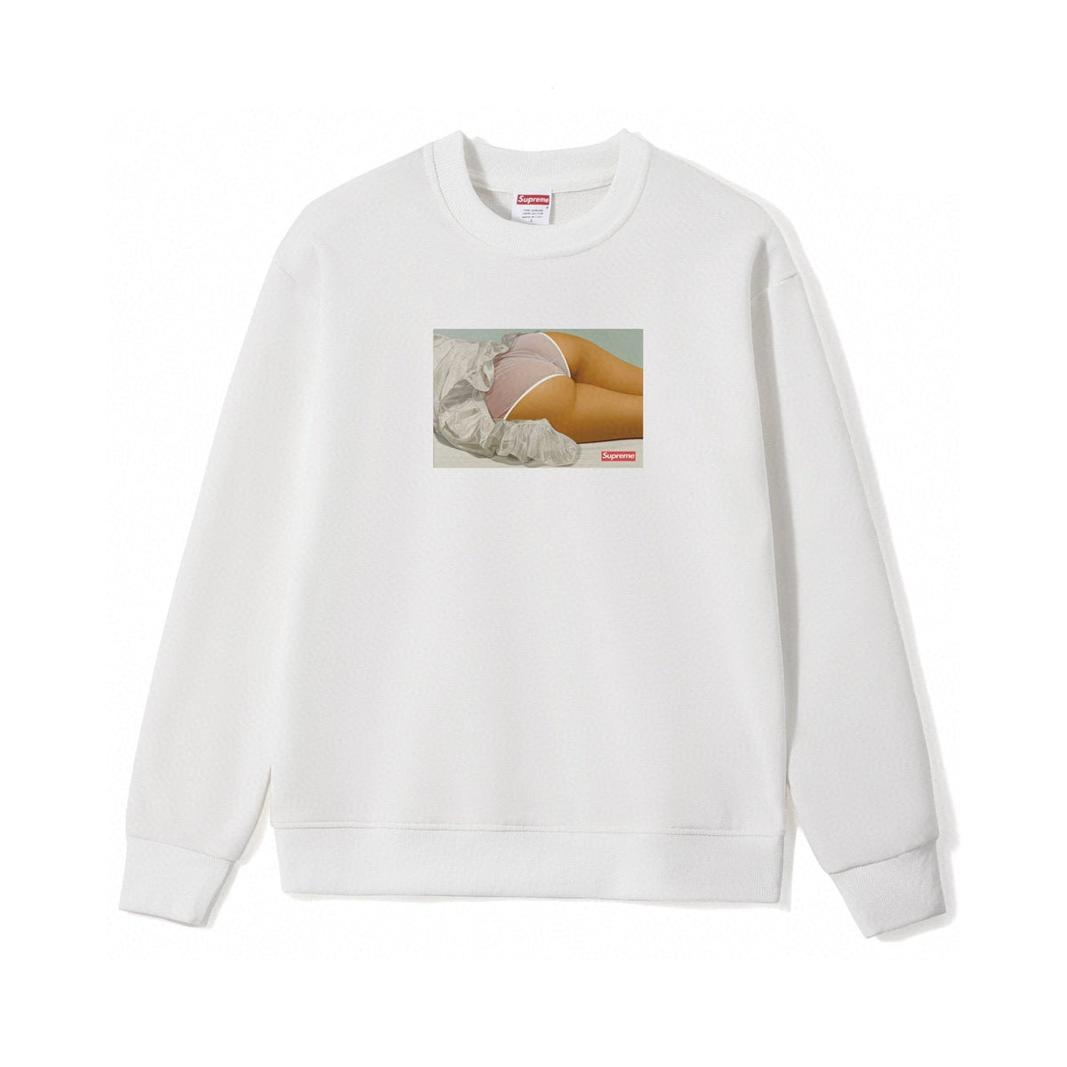 White sweatshirt with graphic of legs and underwear on a white background