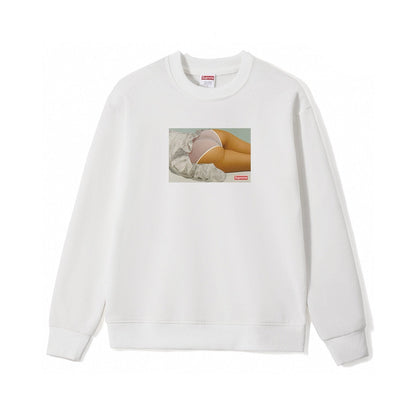White sweatshirt with graphic of legs and underwear on a white background