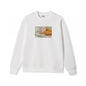 White sweatshirt with graphic of legs and underwear on a white background