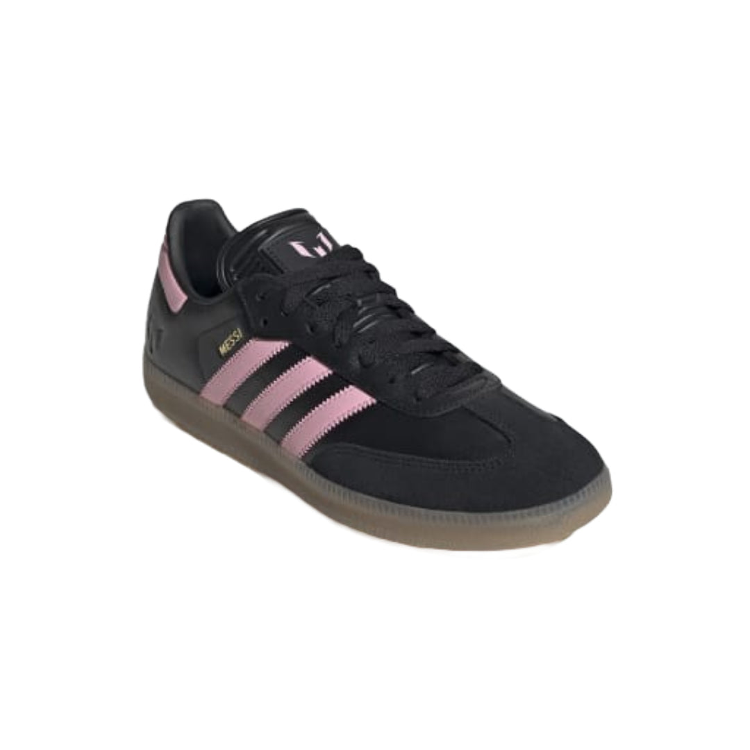Black Adidas sneaker with pink stripes on a white background