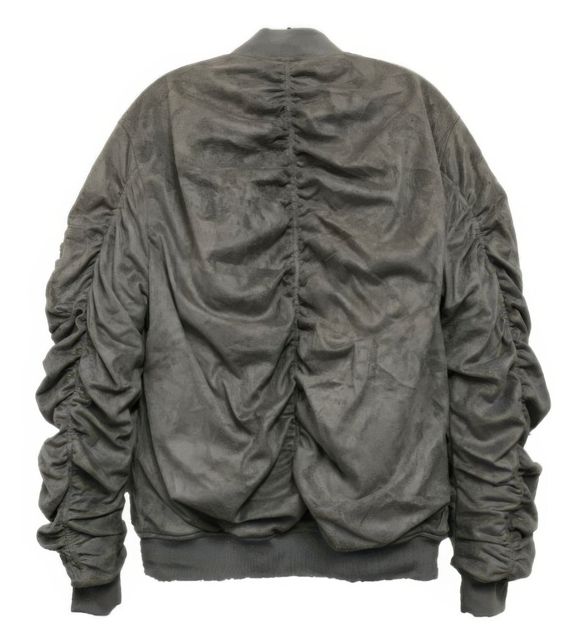 Gray bomber jacket with ruched sleeves on a white background