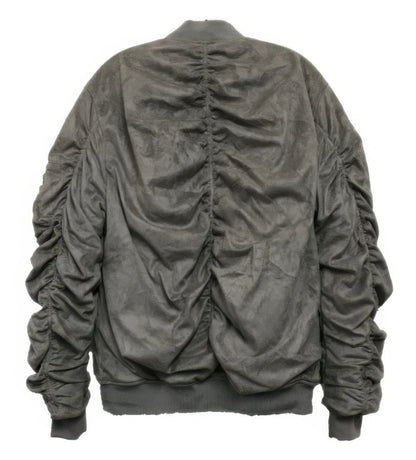 Gray bomber jacket with ruched sleeves on a white background