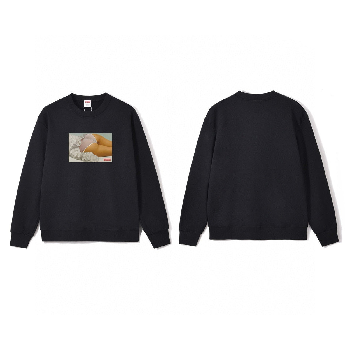 Black sweatshirt with a graphic on the front and plain back on a white background